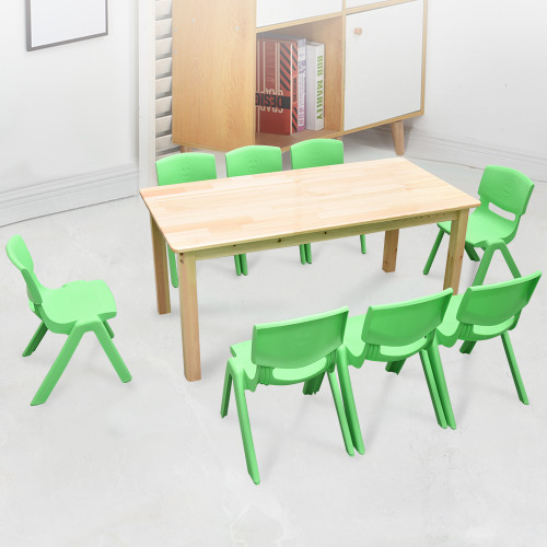 120x60cm Wooden Pinewood Timber Kids Study Table & 8 Green Plastic Chairs Set