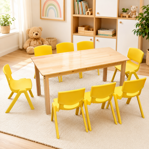 120x60cm Solid Pine Wood Wooden Kids Activity Table and 8 Yellow Stackable Plastic Chairs Set Classroom Furniture for Children