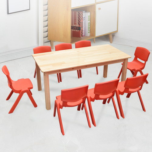 120x60cm Wooden Pinewood Timber Kids Study Table & 8 Red Plastic Chairs Set