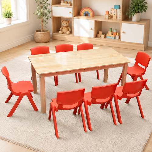120x60cm Solid Pine Wood Wooden Kids Activity Table and 8 Red Stackable Plastic Chairs Set Classroom Furniture for Children