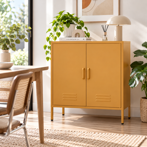Artiss Sweetheart 80cm Metal Sideboard Storage Cabinet – 2 Door Amber Yellow
