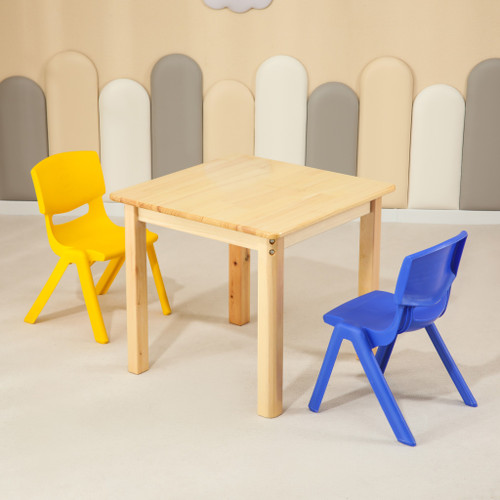 60CM Square Wooden Kids Table and 2 Chairs Set Childrens Desk Pinewood Natural
