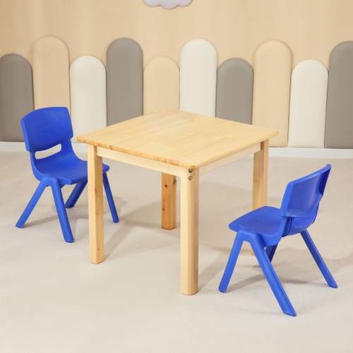 60CM Square Wooden Kids Table and 2 Blue Chairs Childrens Desk Pinewood Natural