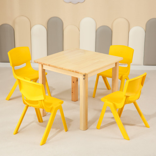 60CM Square Wooden Kids Table and 4 Yellow Chairs Childrens Desk Pinewood Natural