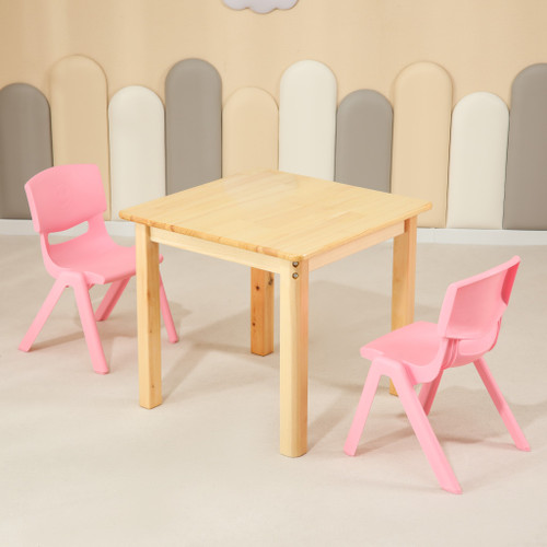60CM Square Wooden Kids Table and 2 Pink Chairs Childrens Desk Pinewood Natural