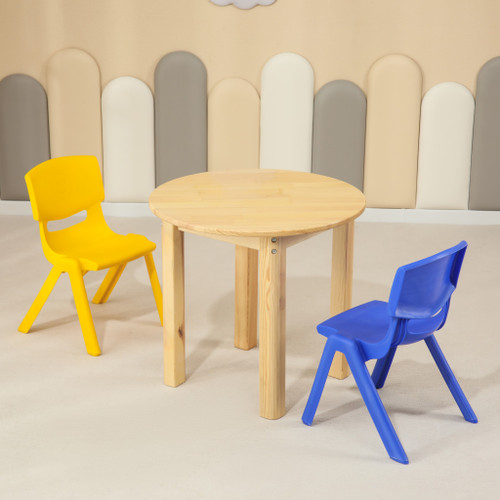 60CM Round Wooden Kids Table and 2 Chairs Set Pinewood Childrens Desk Blue Yellow
