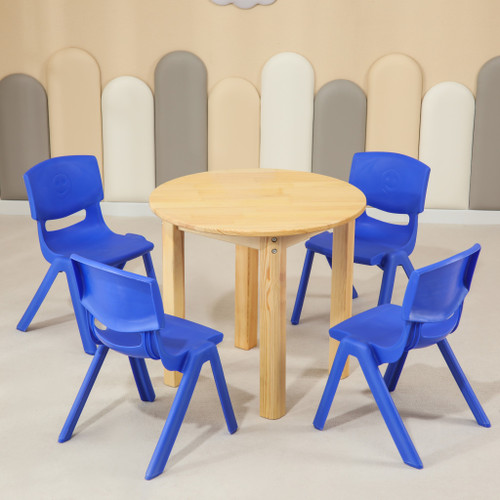 60CM Round Wooden Kids Table and 4 Blue Chairs Set Pinewood Timber Childrens Desk