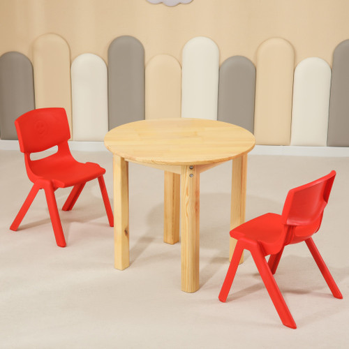 60CM Round Wooden Kids Table and 2 Red Chairs Set Pinewood Timber Childrens Desk