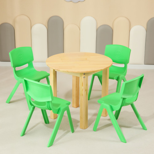 60CM Round Wooden Kids Table and 4 Green Chairs Set Pinewood Timber Childrens Desk