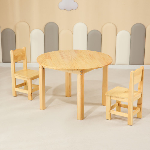 80CM Round Wooden Kids Table and 2 Wooden Chairs Set Pinewood Childrens Desk