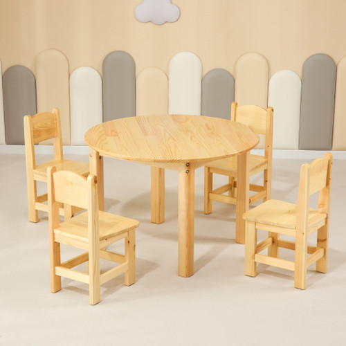 80CM Round Wooden Kids Table and 4 Wooden Chairs Set Pinewood Childrens Desk