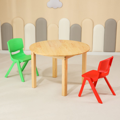 80CM Round Wooden Kids Table and 2 Chairs Set Pinewood Childrens Desk Red Green