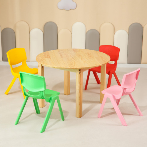 80CM Round Wooden Kids Table and 4 Mixed Chairs Set Pinewood Childrens Desk Pink