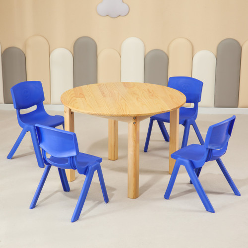 80CM Round Wooden Kids Table and 4 Blue Chairs Set Pinewood Timber Childrens Desk