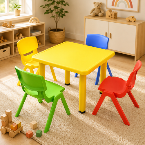 60x60cm Yellow Kids Plastic Activity Table and 4 Chairs Set for Toddlers Preschool Playroom Classroom Furniture