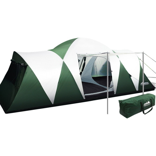 Family Camping Tent 12 Person Hiking Beach Tents (3 Rooms) Green