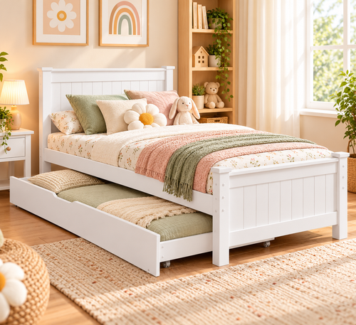 Artiss Elvis King Single Trundle Bed Frame – Solid Pine Wood Pull-Out Guest Bed White