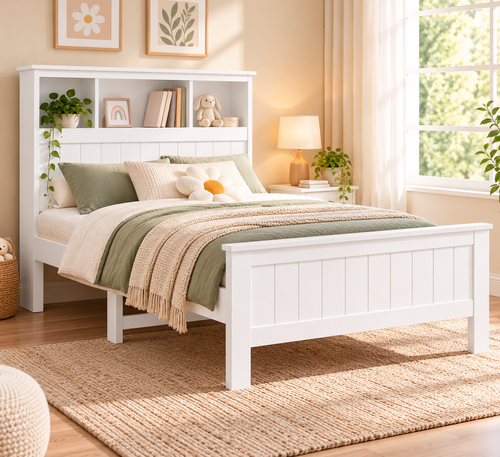 Artiss Conqueror King Single Bed Frame – Solid Pine Wood with Storage Headboard White
