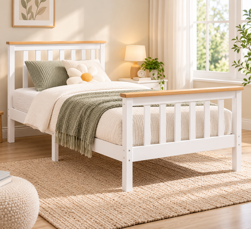 Solid Pine Wood Pony Bed Frame – Single / Double White & Natural Timber