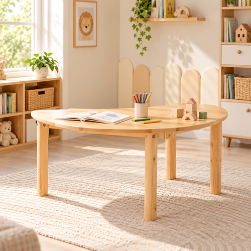120cm Semi-Circle Pinewood Kids Activity Table & Chair Set – Natural Wood or Colourful Chairs