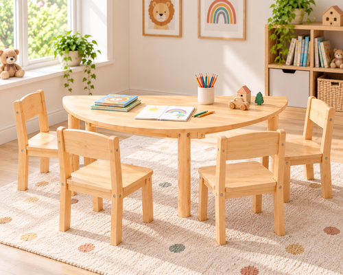 120cm Semi-Circle Pinewood Kids Activity Table & Chair Set – Natural Wood or Colourful Chairs