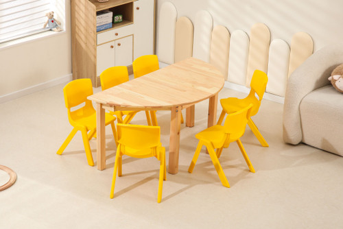 120x60cm Semi Circle Timber Pinewood Wooden Kids Table Activity Study Desk & 6 Yellow Chairs Set