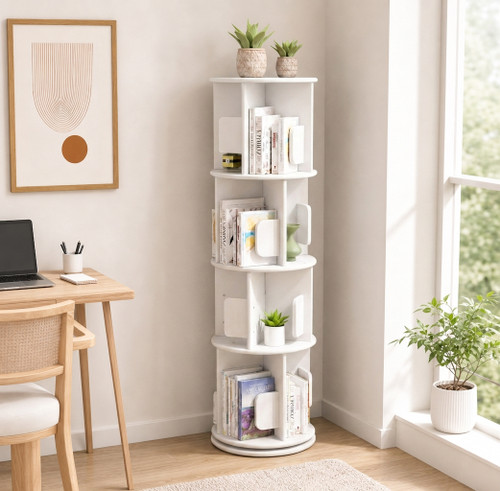 4-Tier Versatile Timber Rubberwood Wooden Rotating Bookcase Bookshelves 130cm White