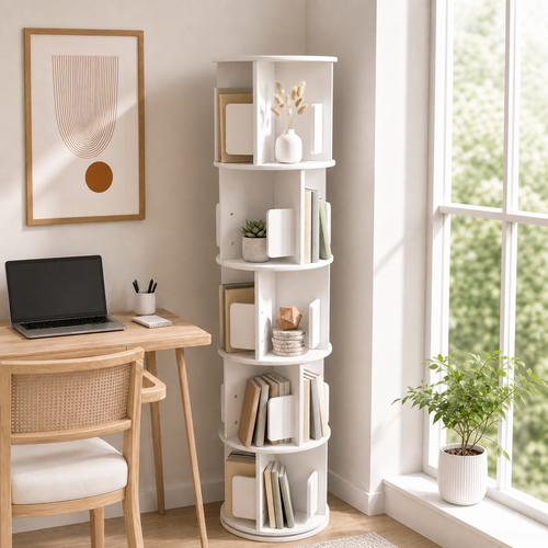 5-Tier Versatile Timber Rubberwood Wooden Rotating Bookcase Bookshelves 161cm White