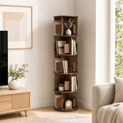5-Tier Versatile Timber Rubberwood Wooden Rotating Bookcase Bookshelves 161cm Walnut