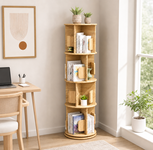 4-Tier Versatile Timber Rubberwood Wooden Rotating Bookcase Bookshelves 130cm Natural