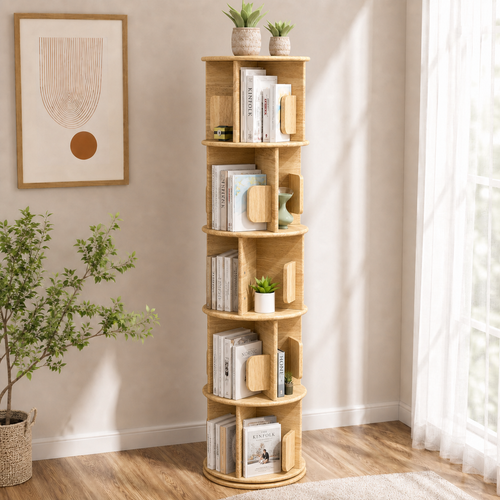 5-Tier Versatile Timber Rubberwood Wooden Rotating Bookcase Bookshelves 161cm Natural