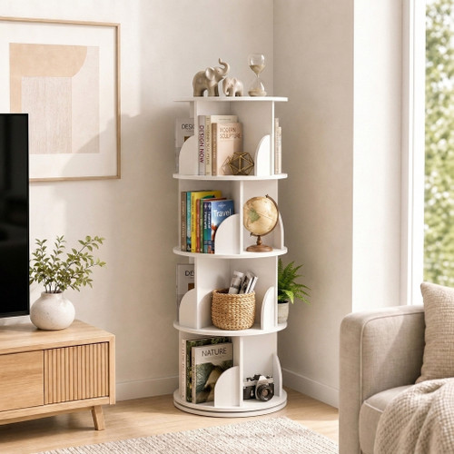 4-Tier Versatile Spacious Rotating Swivel Spinning Wooden Bookcase Bookshelves 127cm White Extra Wide 46cm
