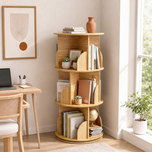 3-Tier Natural Oak Colour Versatile Rotating Swivel Spinning Wooden Bookcase Bookshelves 96cm Extra Wide 46cm