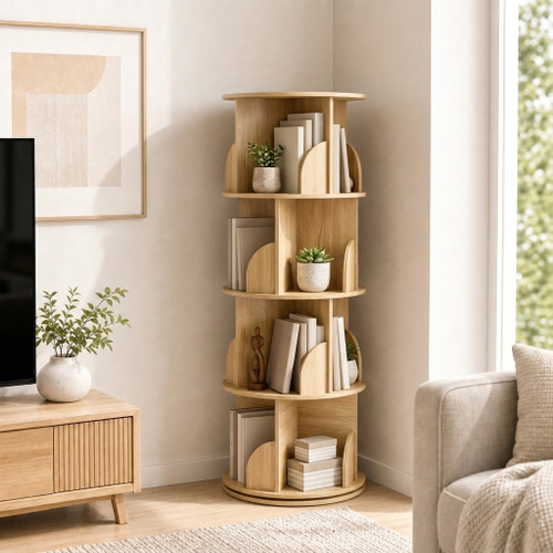 4-Tier Natural Oak Colour Versatile Rotating Swivel Spinning Wooden Bookcase Bookshelves 127cm Extra Wide 46cm