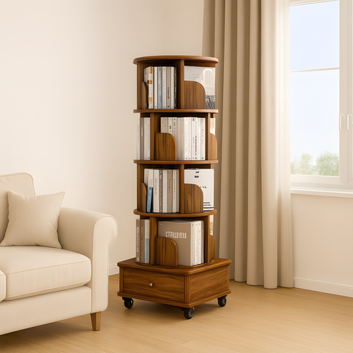 4-Tier Versatile Spacious Rotating Swivel Wooden Bookcase With Wheels 4 Shelves 1 Cabinet 144cm Walnut 4-Tier Versatile Spacious Rotating Swivel Wooden Bookcase With Wheels 4 Shelves 1 Cabinet 144cm Walnut