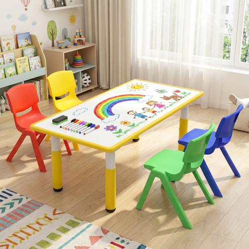 120x60cm Kids Yellow Height-adjustable Whiteboard Drawing Table and 4 Mixed Chairs Set