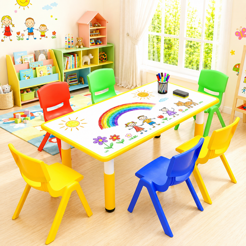 120x60cm Yellow Kids Adjustable Whiteboard Activity Table and 6 Stackable Chair Set for Drawing Learning and Play