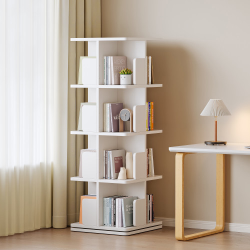 4-Tier Versatile Wooden Rotating Spinning Bookcase Corner Storage Rack Display Shelves Square White 127CM Upgraded Model