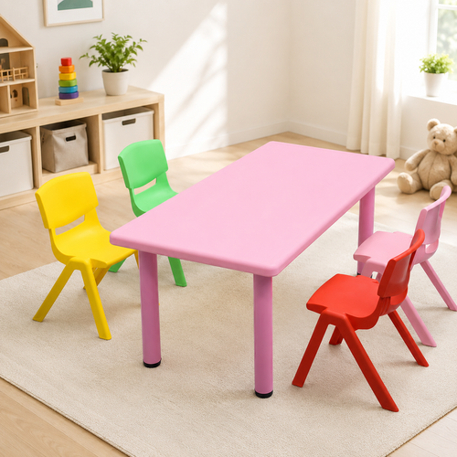 120x60cm Kids Pink Plastic Table and 4 Pink Chairs Set for Classroom Playroom Preschool Childcare and Home Learning