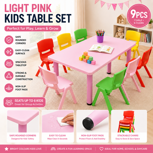 9 Piece Light Pink Kids Table and Chairs Set for Play, Learning and Group Activities