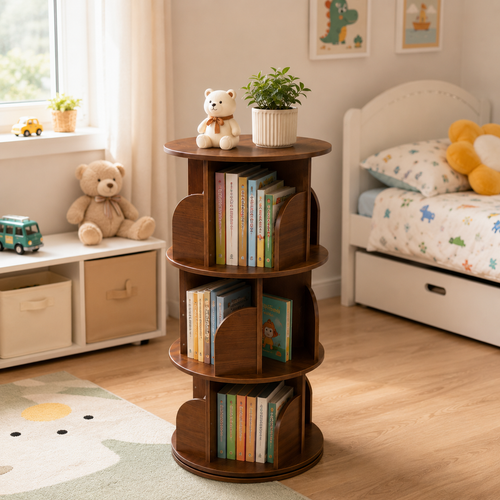3-Tier Wooden Rotating Bookcase Round Spinning Corner Storage Display Shelf Walnut 96cm XL 46cm Wide