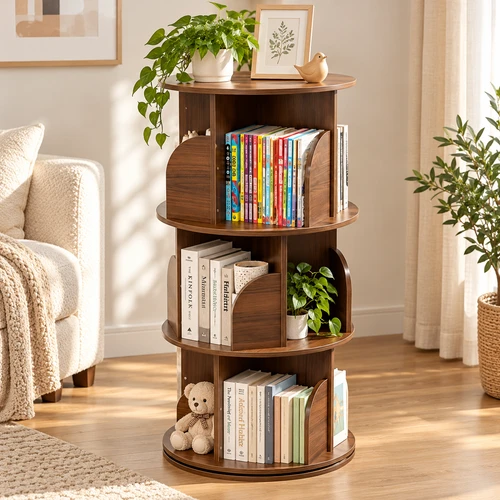 360° Rotating Wooden Bookshelf Storage Bookcase – 3/4/5/6 Tier Walnut Brown