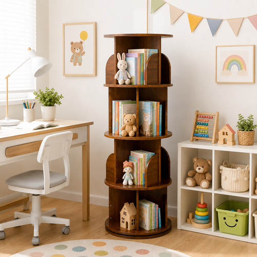 4-Tier Wooden Rotating Bookcase Round Spinning Corner Storage Display Shelf Walnut 127cm XL 46cm Wide