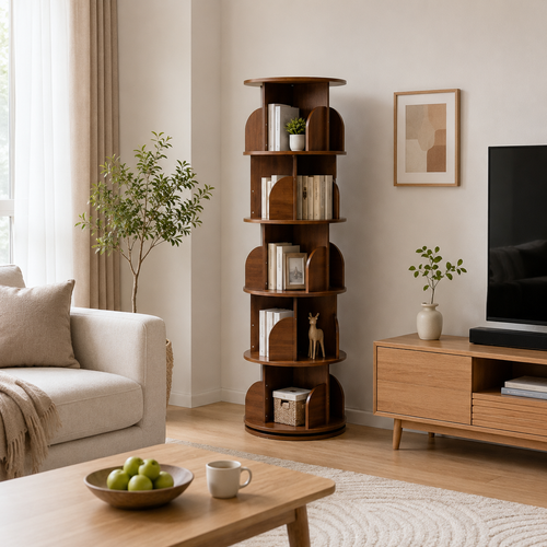 5-Tier Wooden Rotating Bookcase Round Spinning Corner Storage Display Shelf Walnut 158cm XL 46cm Wide