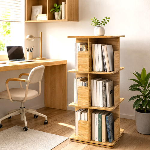 3-Tier Wooden Rotating Bookcase Square Spinning Corner Storage Display Shelf Natural Oak 96cm XL 46cm Wide
