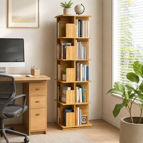 5-Tier Wooden Rotating Bookcase Square Spinning Corner Storage Display Shelf Natural Oak 158cm XL 46cm Wide
