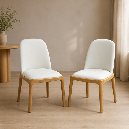 Set of 2 Modern Upholstered Dining Chairs Natural Colour White PU Leather Padded High Back Armless Kitchen Seating