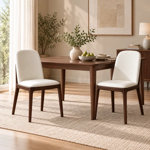 Set of 2 Upholstered Dining Chairs – Walnut & White PU Leather