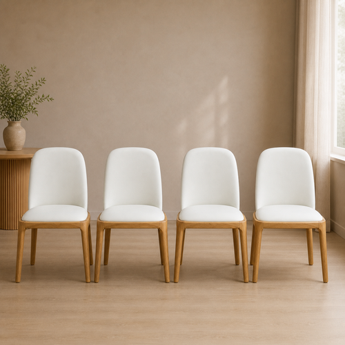 Set of 4 Modern Upholstered Dining Chairs Natural Colour Timber White PU Leather Padded High Back Armless Kitchen Seating