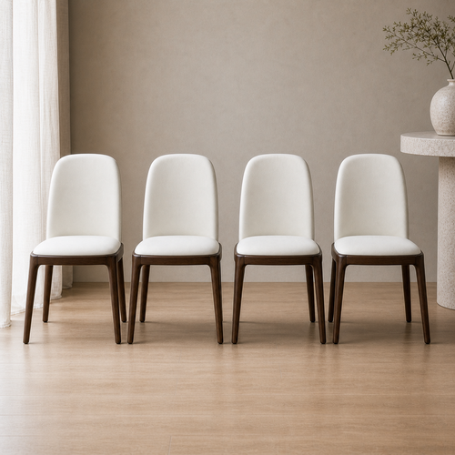 Set of 4 Modern Upholstered Dining Chairs Walnut Colour Timber White PU Leather Padded High Back Armless Kitchen Seating